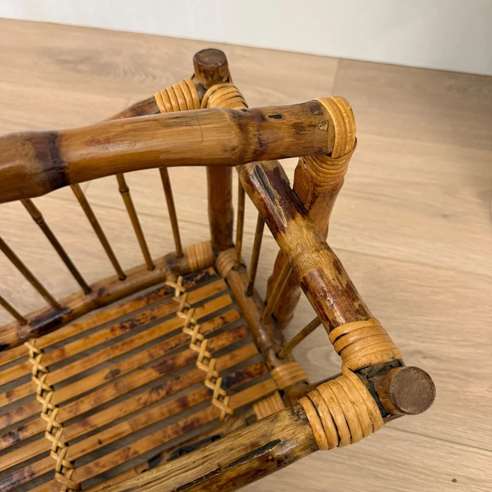 RARE Vintage 1980 Burnt Bamboo Magazine Rack Tortoise Shel Rattan Storage Basket